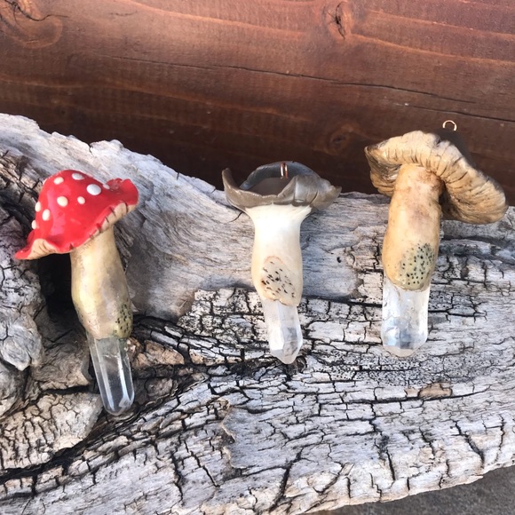 Hand Crafted Clay Mushroom Charm with Crystal - Picture 3 of 8